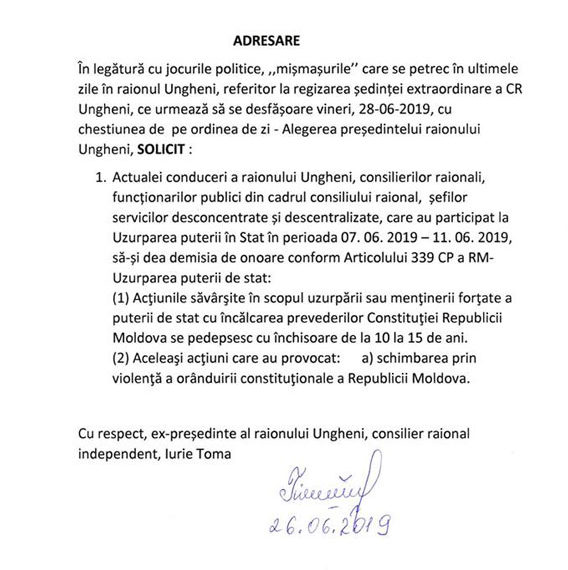 ”Demisii de onoare!” – adresare a unui ex-președinte a raionului Ungheni către mai mulți consilieri, funcționari publici, șefi de servicii și actuala conducere a raionului